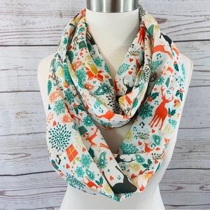 Festive White Infinity Scarf with Teal, Coral and Gold Motifs